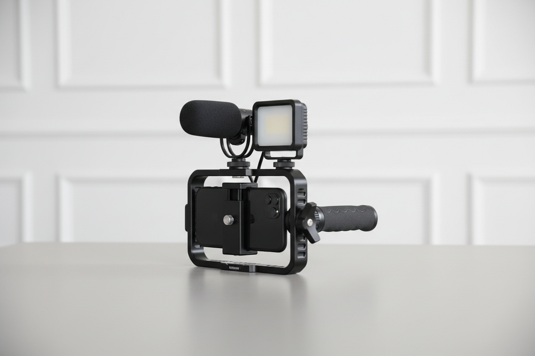 Compact smartphone video rig with a handle, microphone, and small light set up for handheld filming