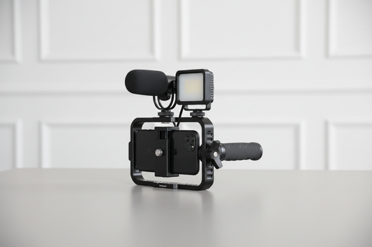 Compact smartphone video rig with a handle, microphone, and small light set up for handheld filming