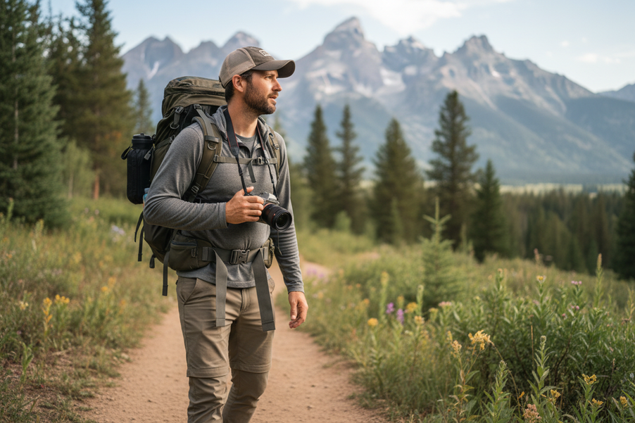 Travel vlogger using a quick-release camera strap on a backpack strap while walking outdoors