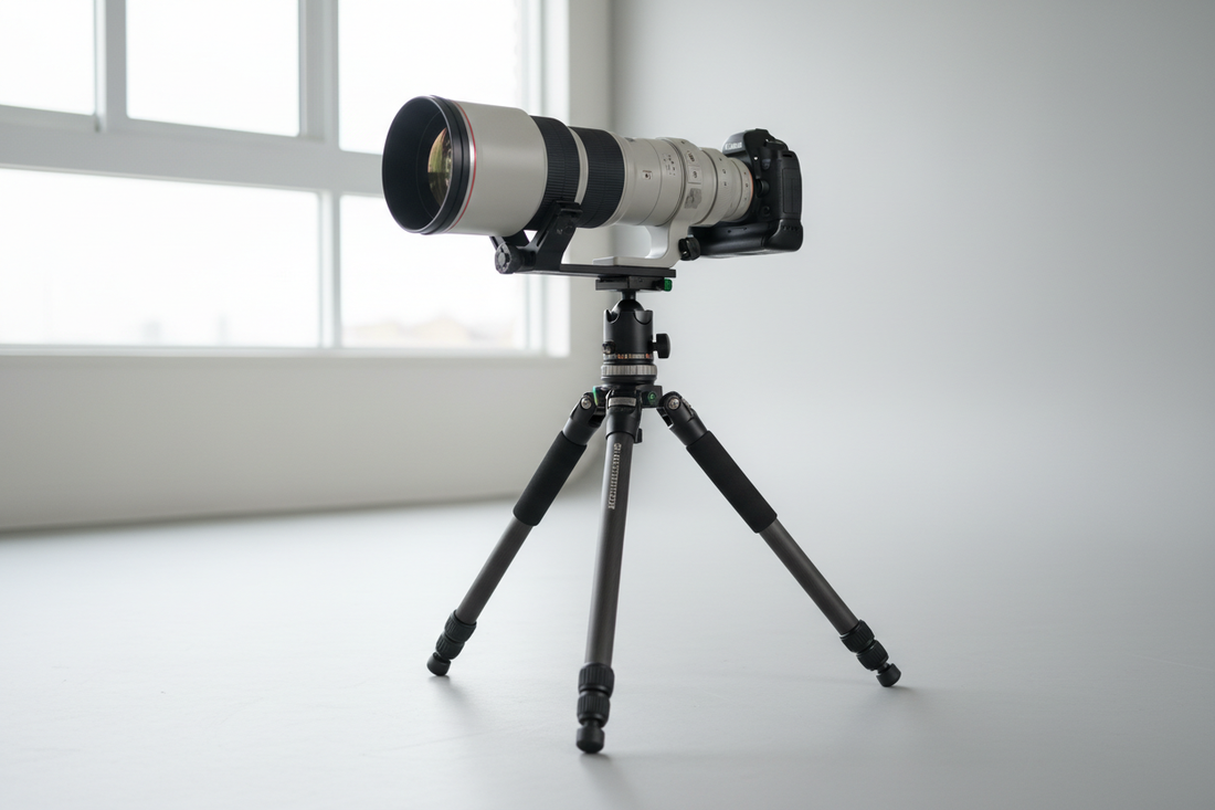 Tripod quick-release plate supporting a long telephoto lens in a studio-style product safety setup