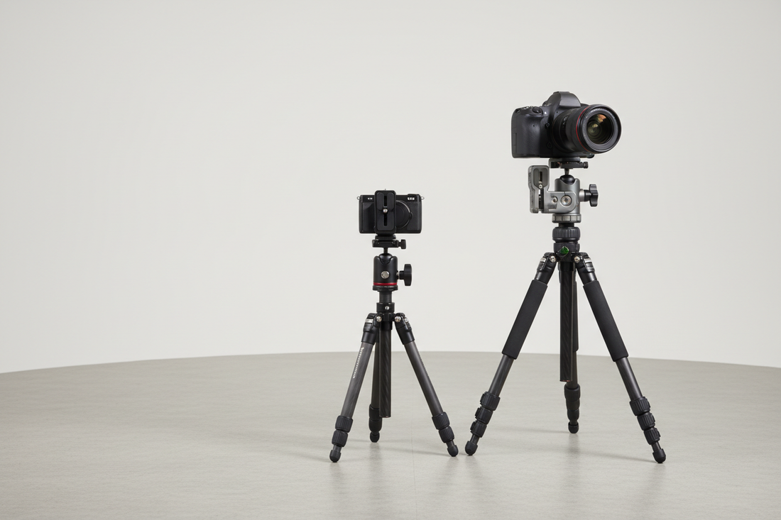 Camera quick release system on a tripod in a clean studio setup, shown as a premium hero image for comparing standard versus pro tiers