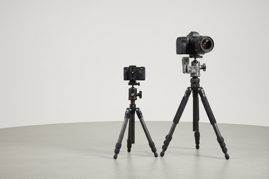 Camera quick release system on a tripod in a clean studio setup, shown as a premium hero image for comparing standard versus pro tiers