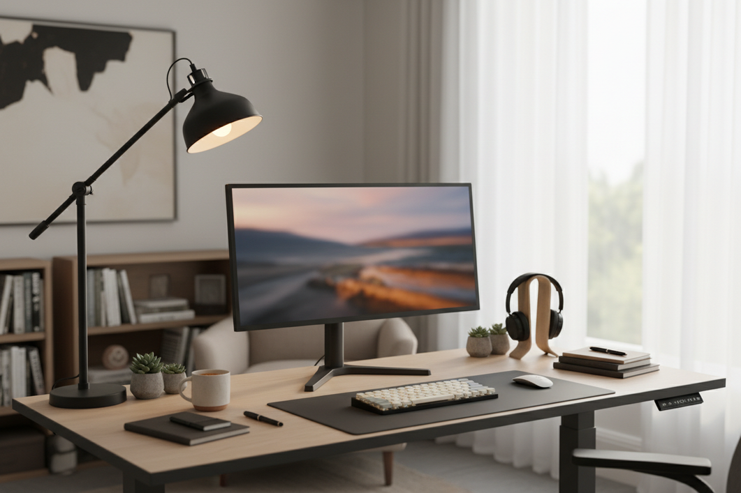 A bright desk lamp beside a computer monitor on a creator desk, showing glare-free placement for editing work