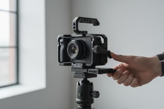 Falcam F38 quick release base mounted on a camera rig with slight seated movement being checked by hand