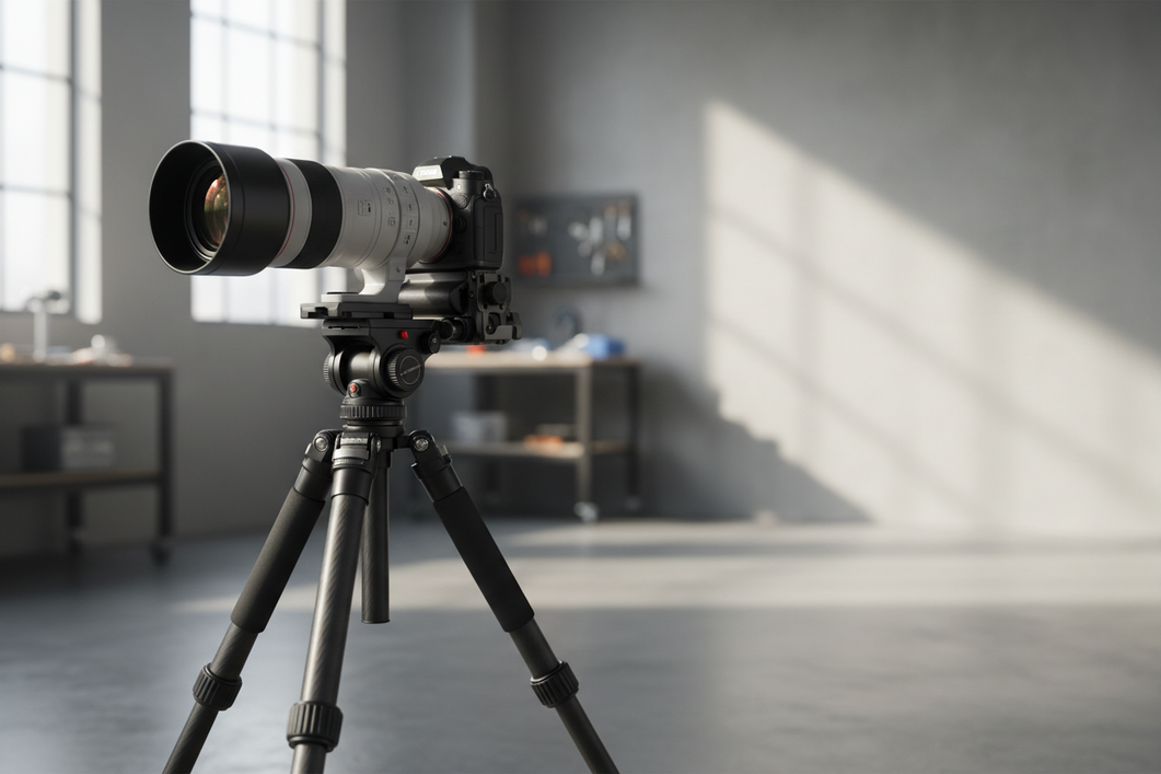 Quick-release camera plate with a long telephoto lens mounted on a tripod, shown in a stable studio setup