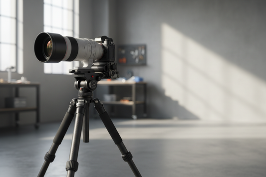 Quick-release camera plate with a long telephoto lens mounted on a tripod, shown in a stable studio setup