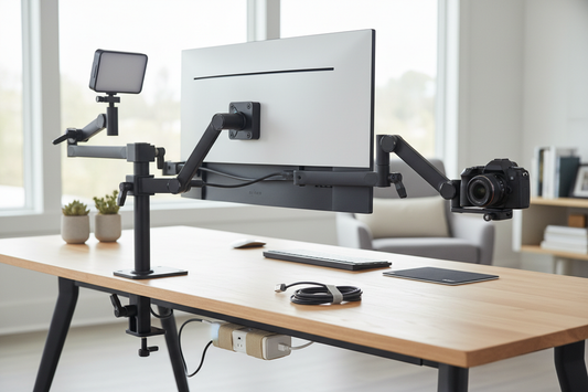 Modular desk mounting accessories on a creator desk with a camera arm, light, and monitor setup ready for quick swapping