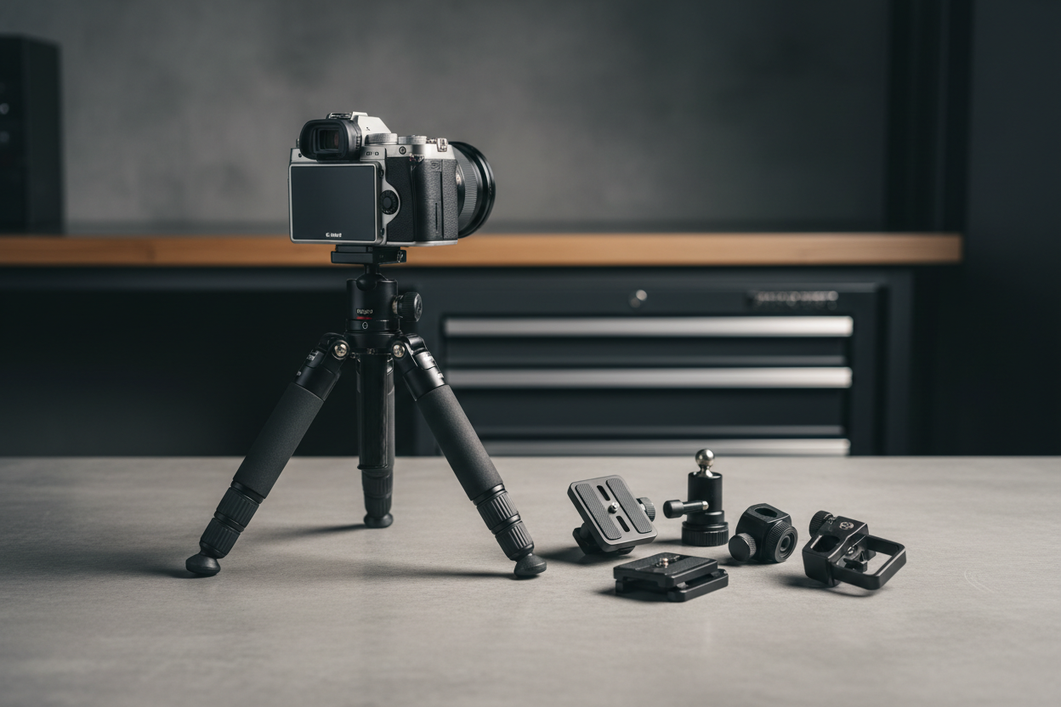 Hybrid quick release camera setup on a tripod and desk with mixed mounting parts arranged for a compatibility check