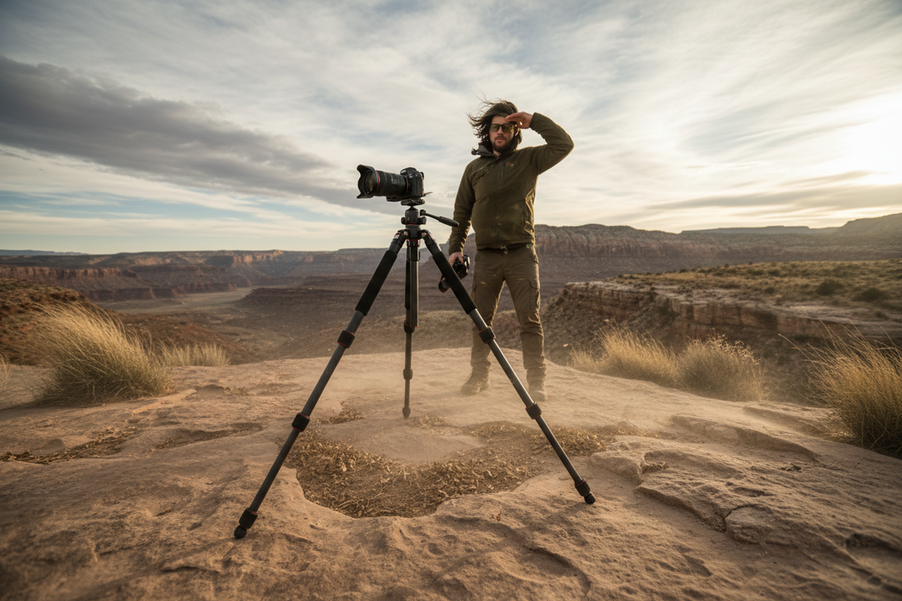 Travel tripod set up low on firm ground outdoors in windy conditions, showing a stable wide stance for a camera creator