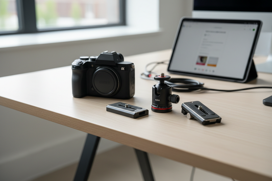 Camera setup with quick release plate and backpack clip on a workbench, showing a gradual switch between camera mounting systems