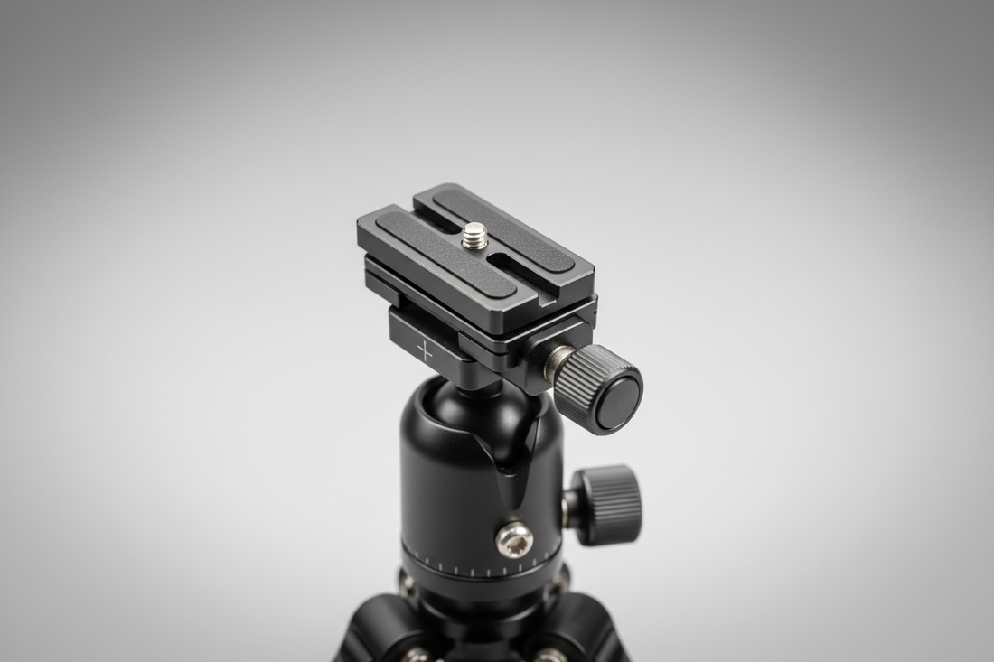 A camera quick-release plate and clamp system shown on a tripod head in a clean studio setup, illustrating compatibility checks for different mounting systems.