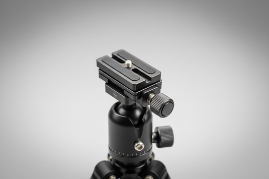A camera quick-release plate and clamp system shown on a tripod head in a clean studio setup, illustrating compatibility checks for different mounting systems.