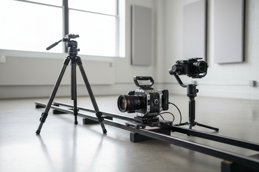 Camera mounted on a quick-release tripod and gimbal workflow setup in a studio, showing a hybrid support transition.