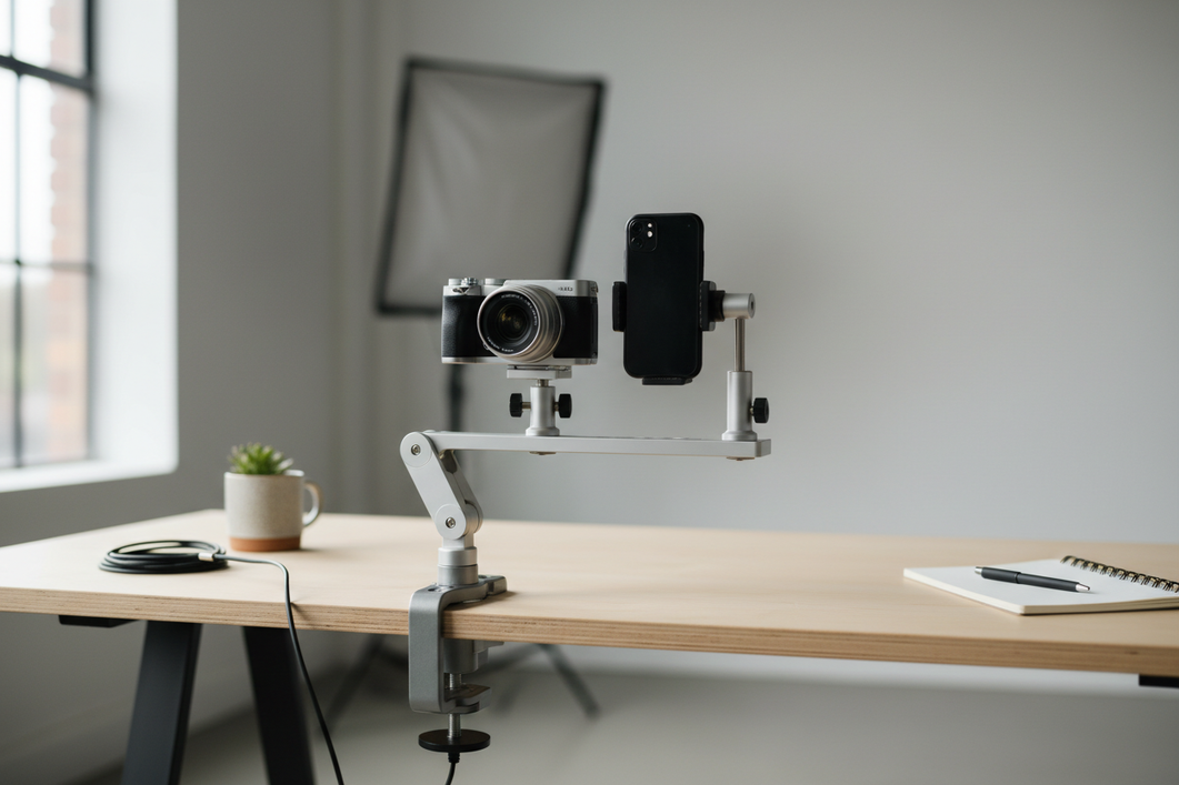 Solo creator switching between a smartphone and a mirrorless camera on a shared quick-release rig in a clean studio workspace