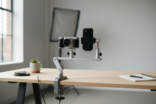 Solo creator switching between a smartphone and a mirrorless camera on a shared quick-release rig in a clean studio workspace