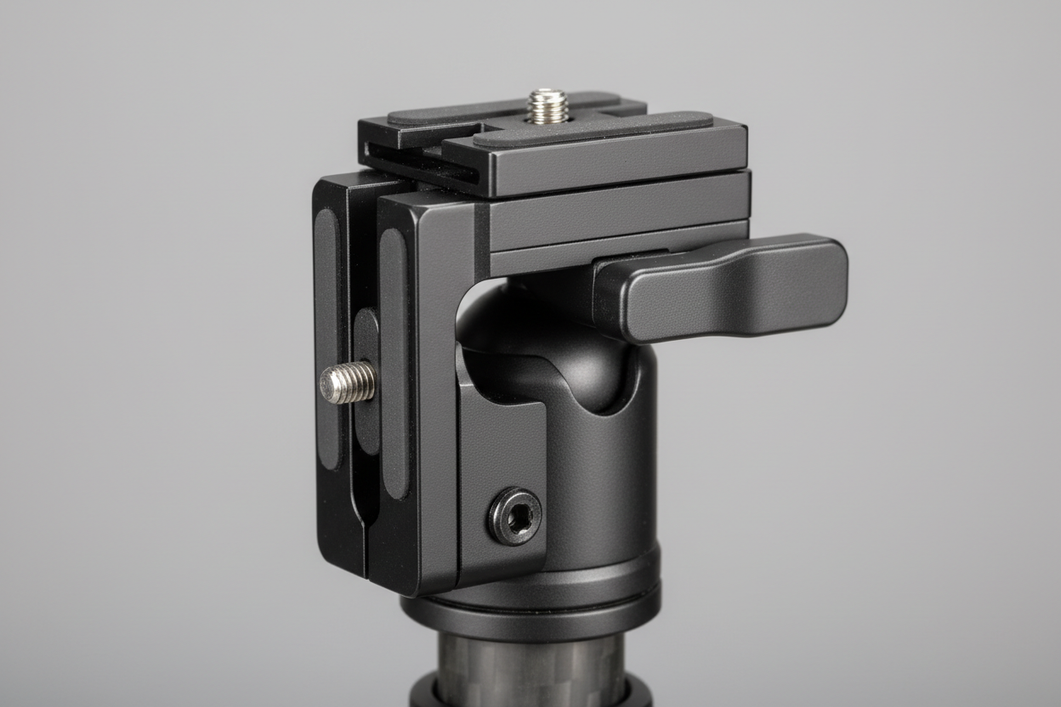 Camera quick release plate seated in an Arca-style clamp on a tripod head, shown in a clean studio setup