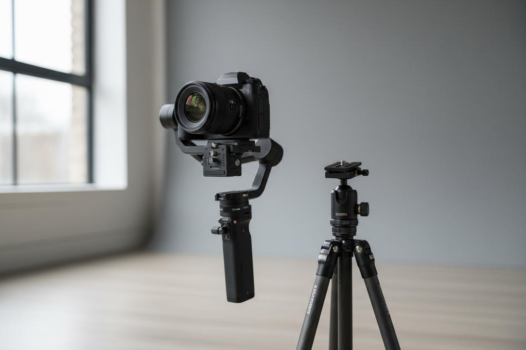 Camera on a gimbal beside a tripod in a studio, showing a quick-release plate setup used to keep balance changes small during support swaps