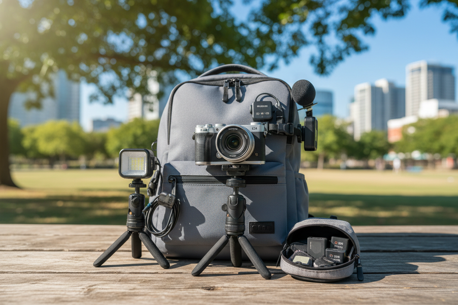 Travel vlogging camera kit organized for fast switching between backpack carry, tripod shooting, and handheld use