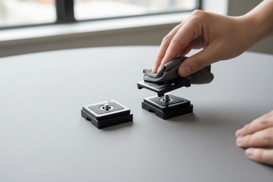 A camera quick-release plate and base being cleaned and checked on a tabletop before reattaching