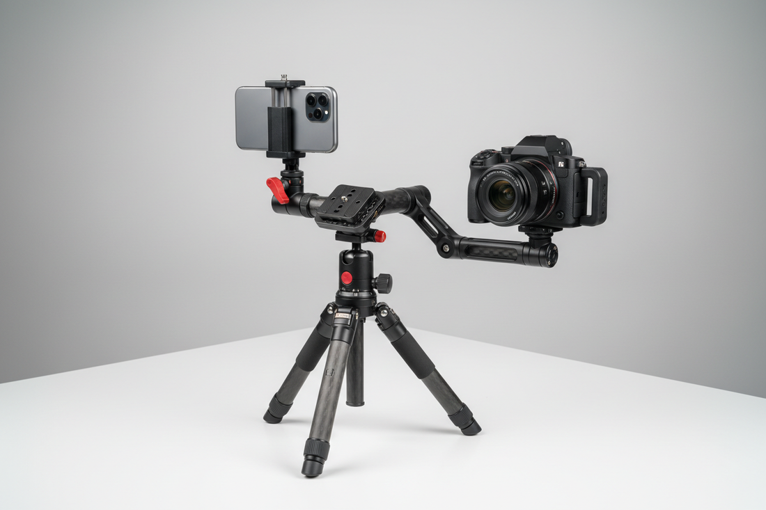 Modular phone and camera rig on a tripod with quick-release base, shown as a clean studio hero scene