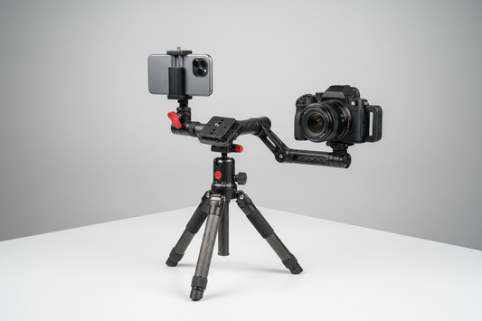 Modular phone and camera rig on a tripod with quick-release base, shown as a clean studio hero scene