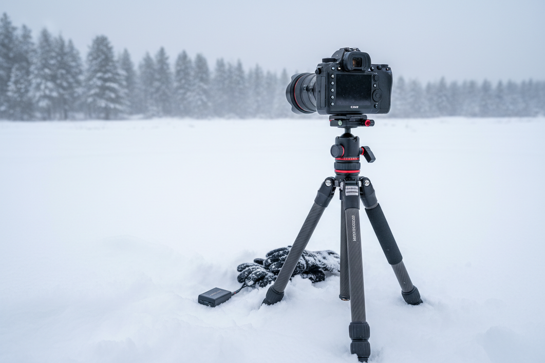 Cold weather tripod and quick-release plate setup on a snowy outdoor surface