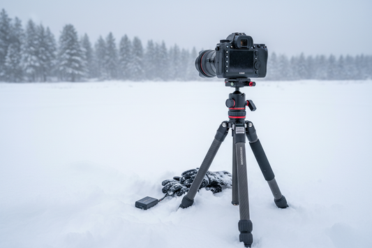 Cold weather tripod and quick-release plate setup on a snowy outdoor surface
