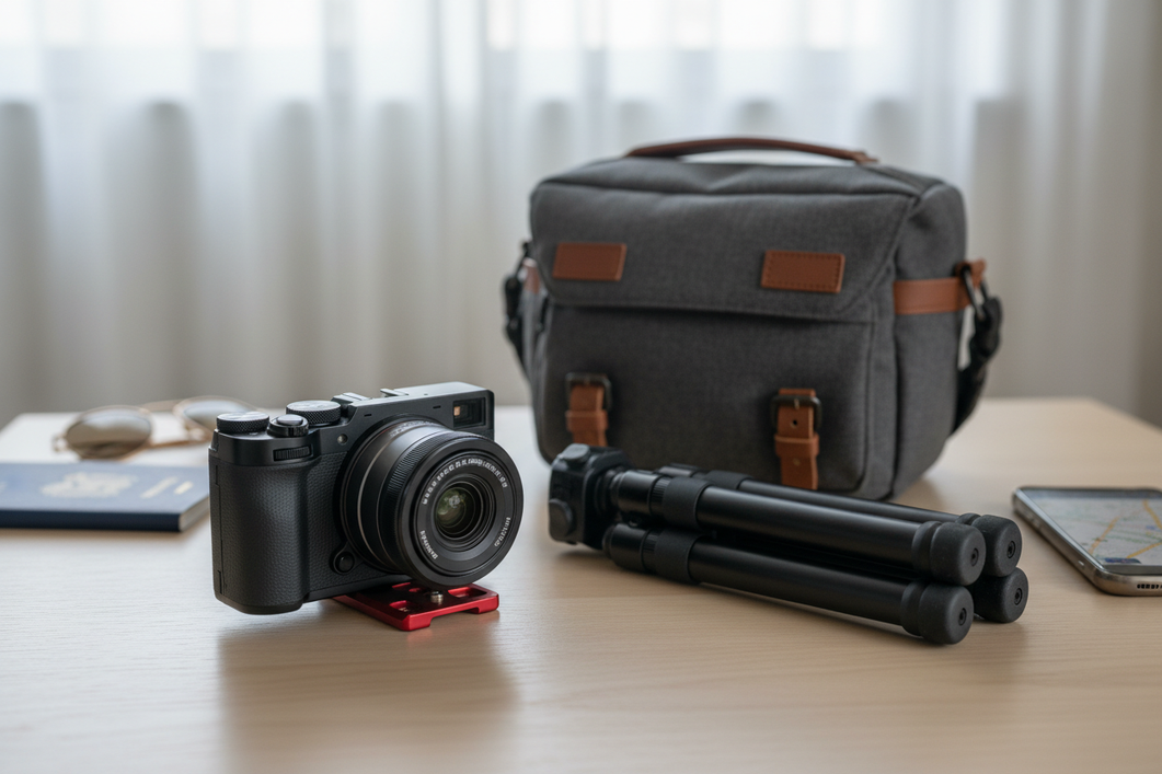 Travel camera setup with a compact mirrorless camera on a quick-release mounting plate beside a small carry bag and tripod on a tabletop