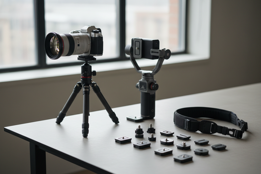 Quick-release camera setup with interchangeable plate and mounts on a tripod, strap, gimbal, and accessory rig laid out on a clean tabletop