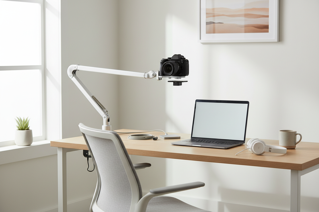 Camera mounted on a desk arm beside a laptop and notebook in a clean home studio workspace