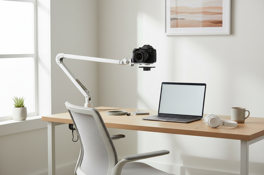 Camera mounted on a desk arm beside a laptop and notebook in a clean home studio workspace