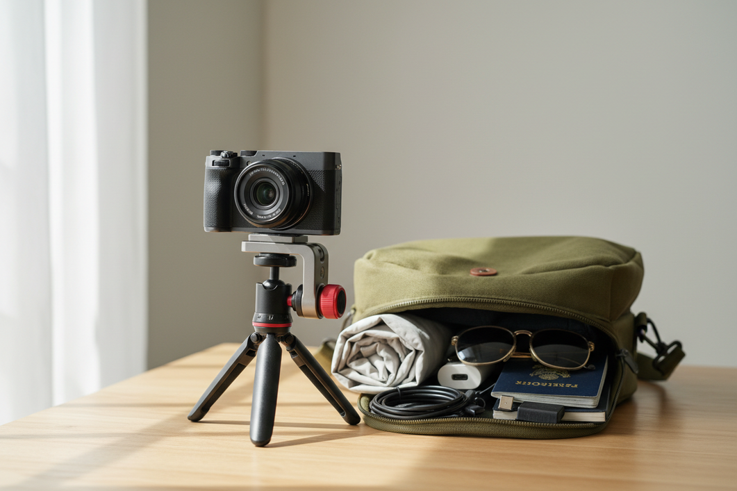 Camera quick release plate and mount used with a travel camera setup