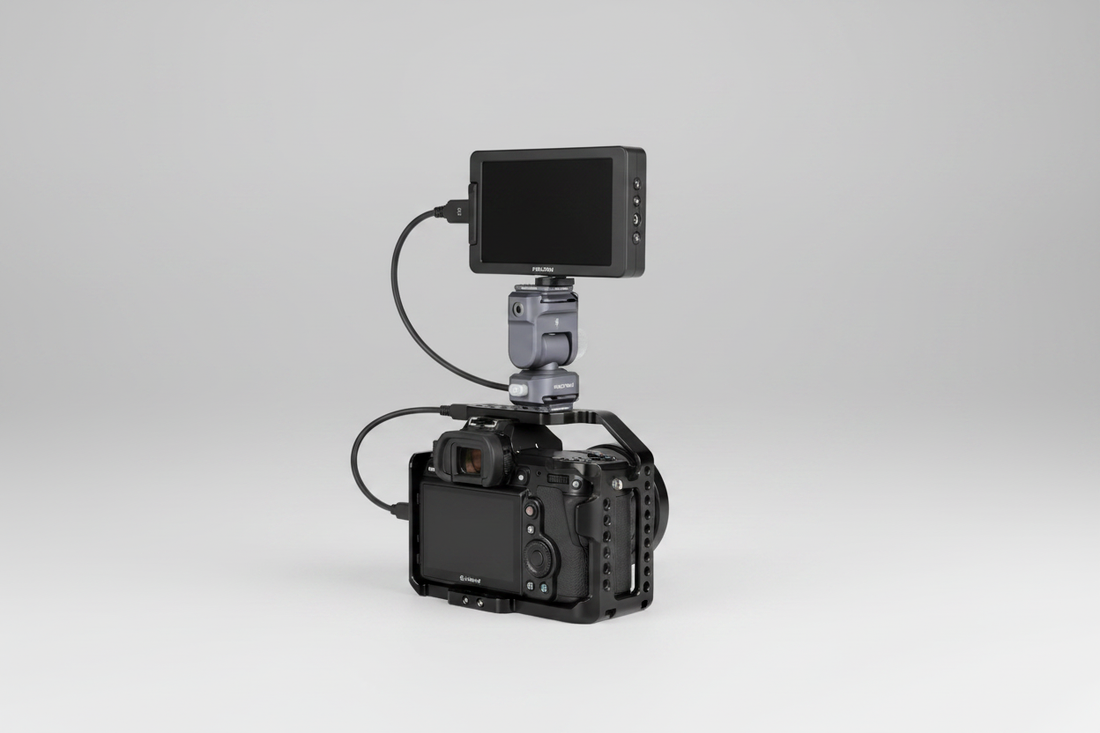F22 quick-release monitor mount attached to a compact camera rig with a monitor in a studio setting