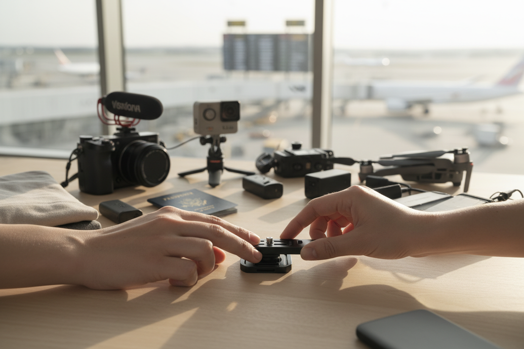 Travel camera quick release plate being checked by hand on a packed tabletop before a trip