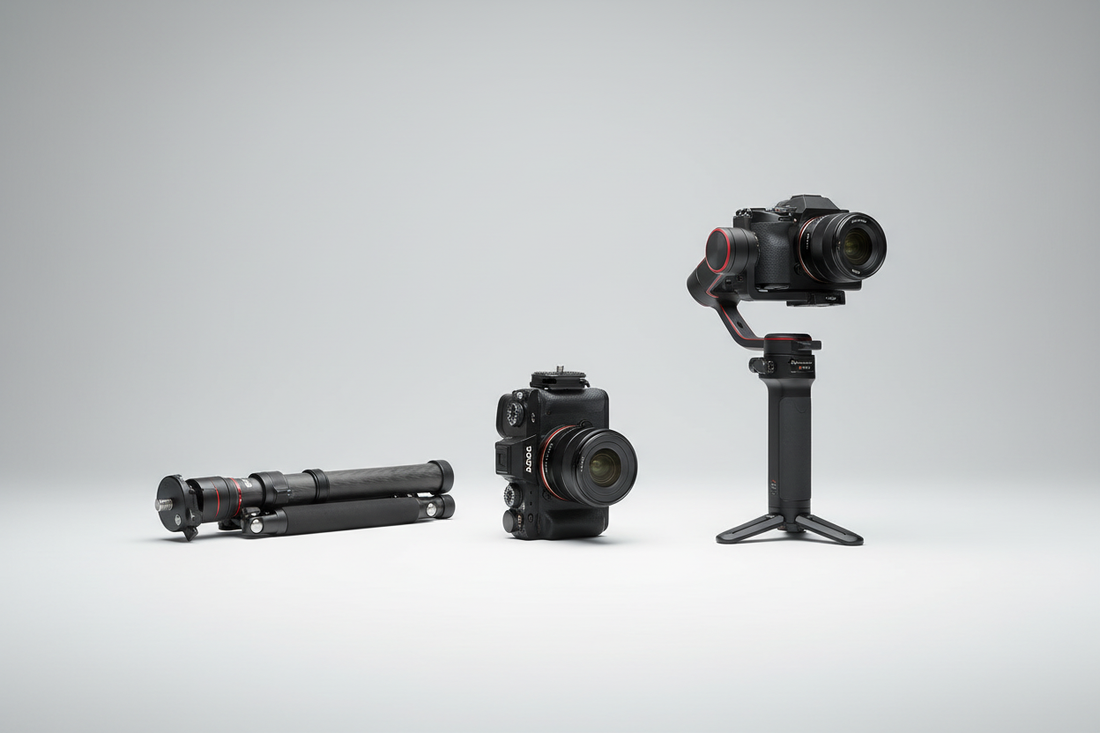 Falcam F38 quick release plate kit on a camera set up beside a tripod and a gimbal for fast swapping