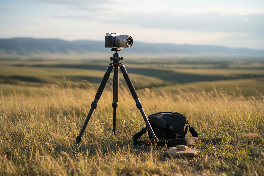 Outdoor camera setup on a tripod in a windy field, showing a secure quick release mount on a compact rig