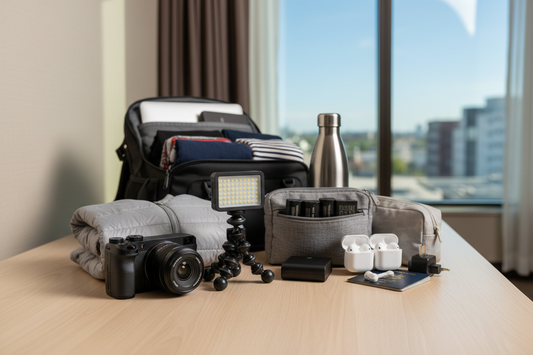 Compact travel vlogging camera kit packed neatly in a carry-on backpack beside a small tripod and accessories