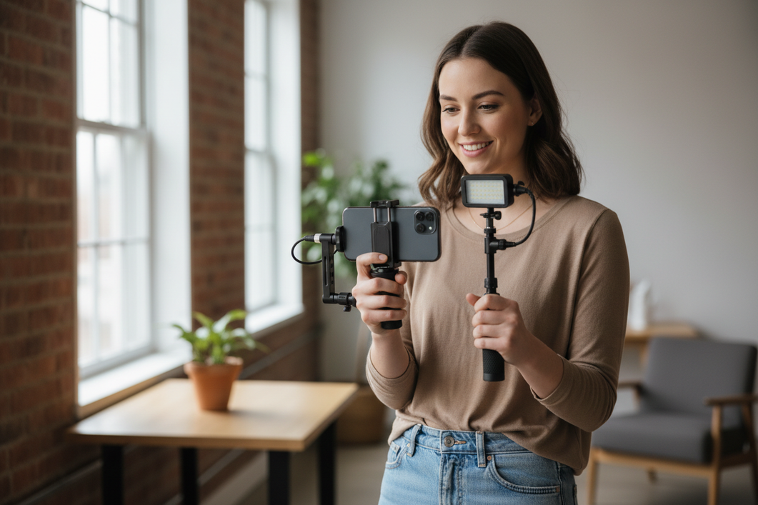 Vertical phone cage setup for filming TikTok and Reels on a handheld rig