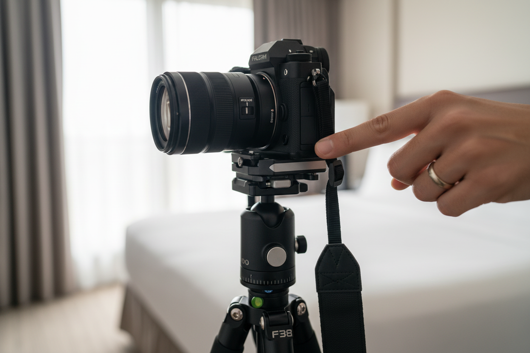 Close-up of a travel camera quick-release lock being mounted by hand on a tripod head, showing secure engagement during normal use