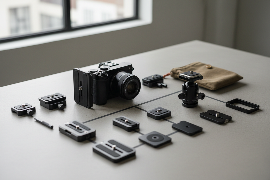Complete camera quick release system kit including release plates, bases, L-bracket, and tripod ball head for fast gear switching.