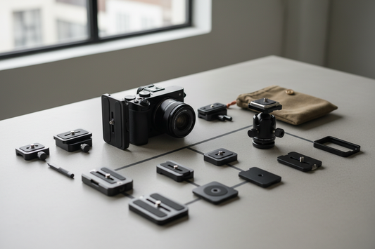 Complete camera quick release system kit including release plates, bases, L-bracket, and tripod ball head for fast gear switching.