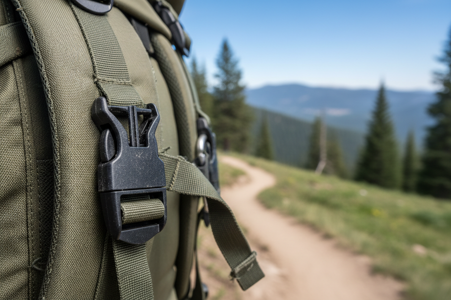 Travel backpack clip attached to a bag strap outdoors, shown as a close product detail with visible wear at the latch and contact points