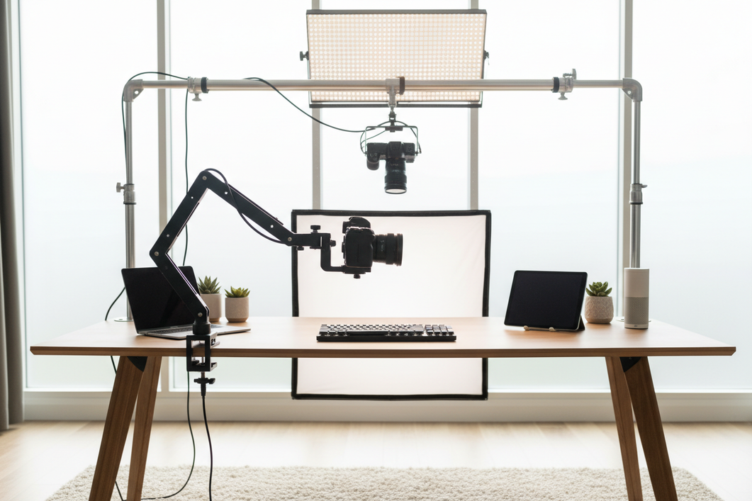 Desk-mounted camera arm clamped to a sturdy worktable edge beside a laptop and keyboard, showing a stable overhead recording setup