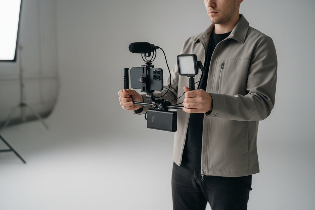 A smartphone video rig with microphone, small light, and battery pack balanced by hand in a neutral studio setup