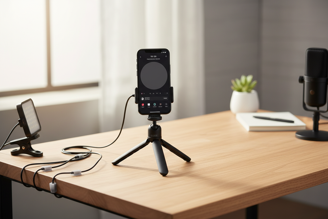 Phone livestream setup on a desk with a mounted smartphone, compact microphone, and small light arranged for a live stream