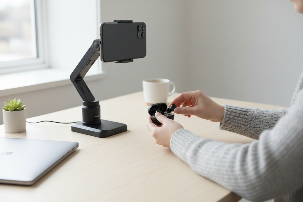 Phone rig setup for a hands-on product demo with a phone mounted above a desk, hands moving a product in frame