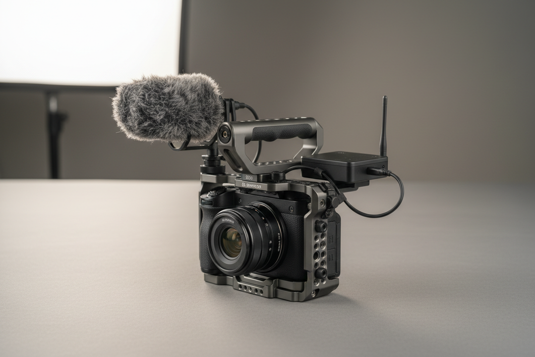 Compact camera cage setup with microphone, wireless receiver, and top handle arranged to keep grips and controls clear