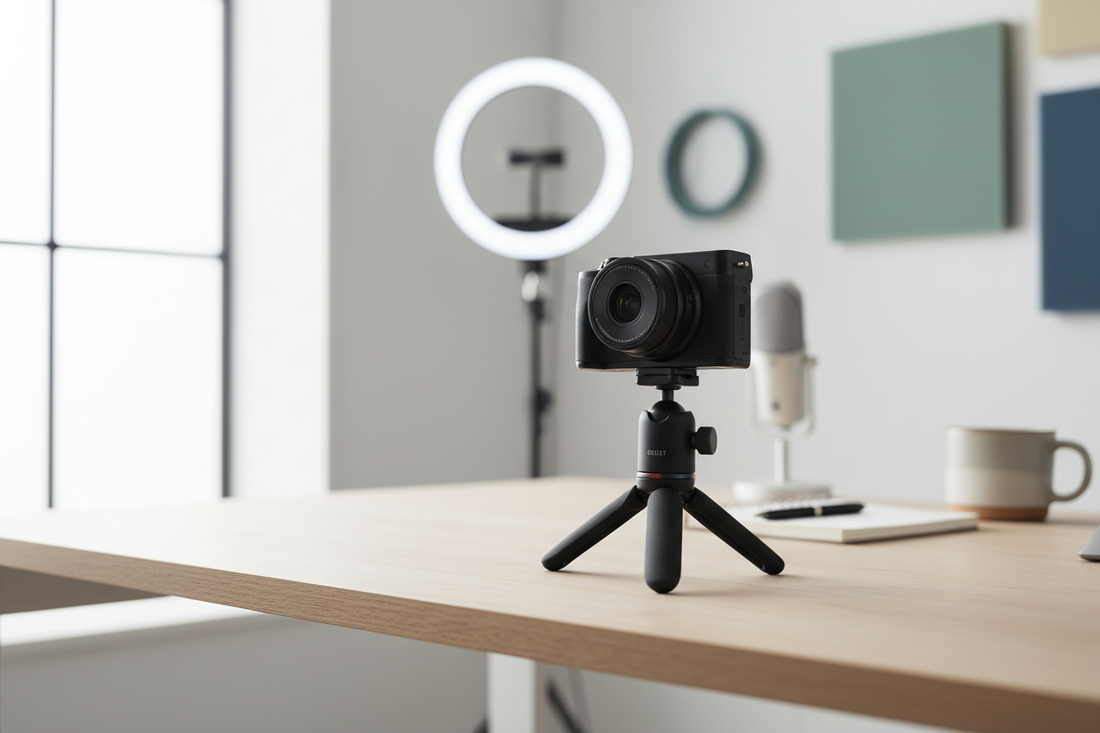 DJI Osmo Pocket camera mounted on a compact tripod in a creator workspace, showing a quick setup for handheld-to-static filming.