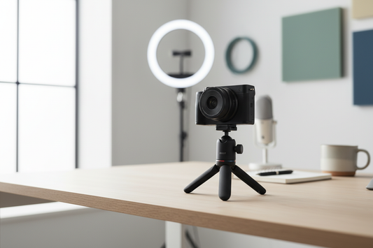 DJI Osmo Pocket camera mounted on a compact tripod in a creator workspace, showing a quick setup for handheld-to-static filming.