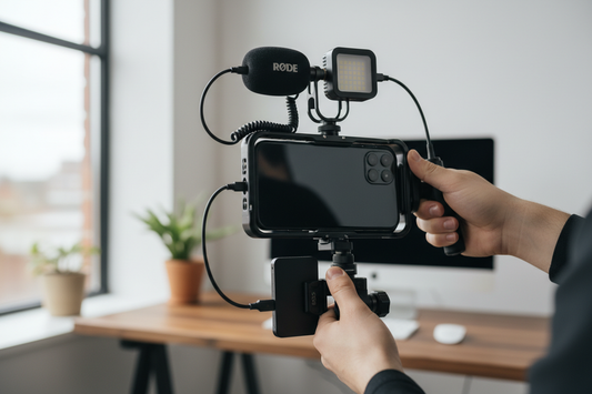 Phone video rig with microphone, light, and external SSD attached for creator recording